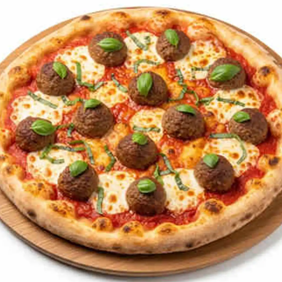 Round pizza topped with tomato sauce, melted cheese, meatballs, and fresh basil leaves on a wooden serving board.